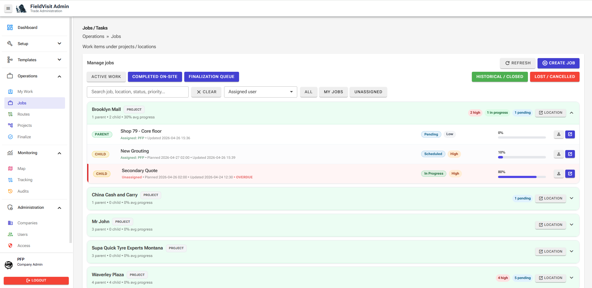 Jobs and tasks page showing structured project work and parent child jobs.