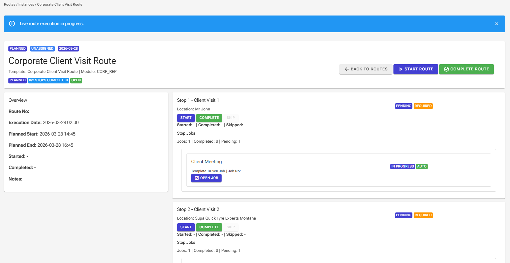Live route page showing a corporate client visit route with stop execution and jobs.
