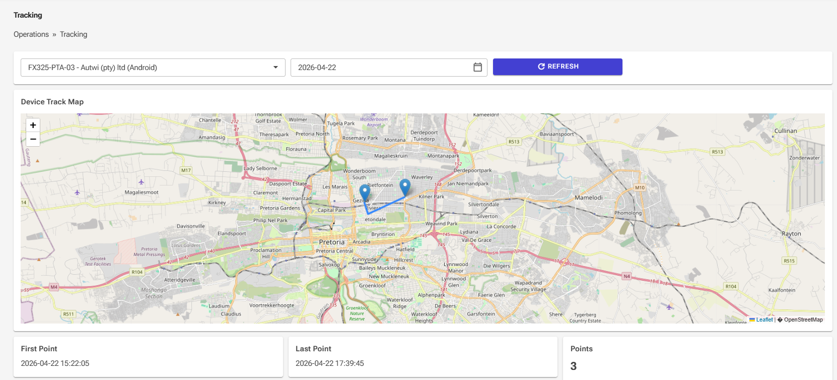 Device tracking page showing movement and route points on a map.